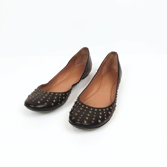 Sigerson Morrison Leather Brown Flats with Brass Studs - Picture 3 of 10